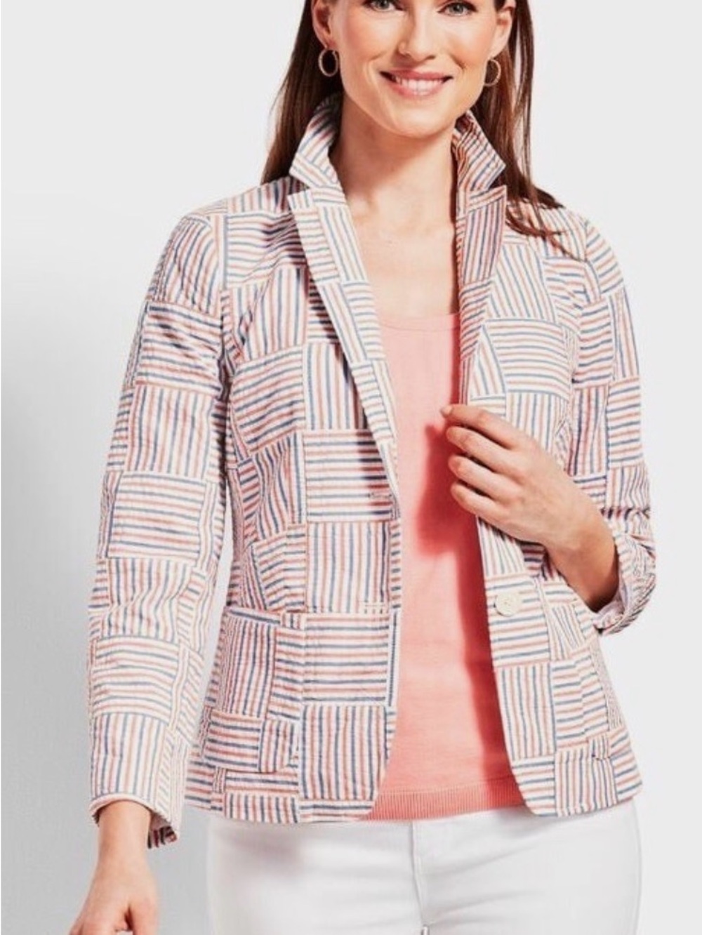 Talbots Seersucker Striped Patchwork Blazer in Coral and Blue - size 12